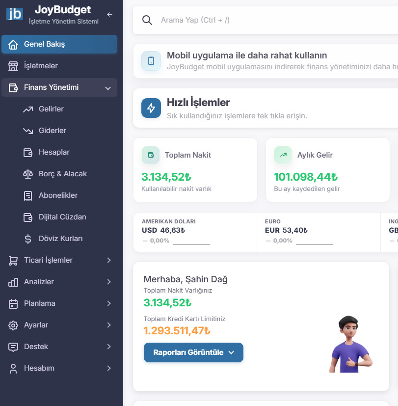 JoyBudget arayüzünü gerçek ekranlarla inceleyin. görseli