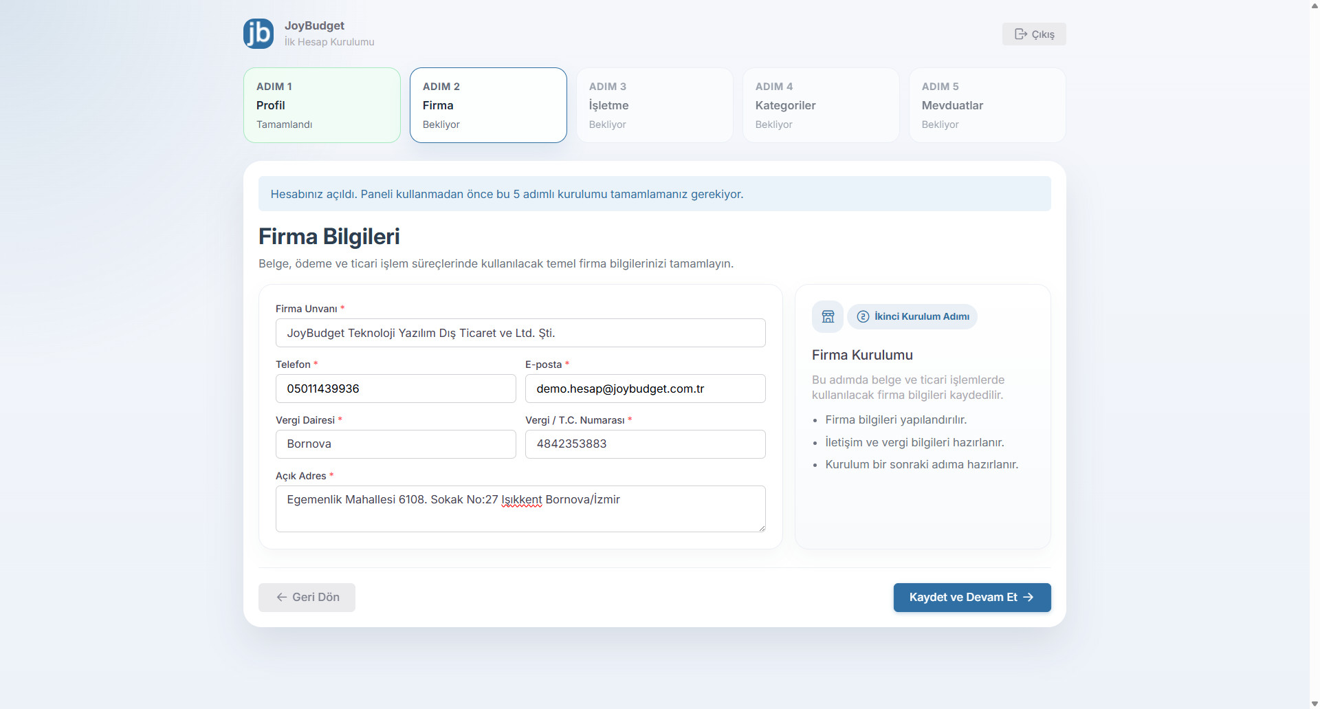 JoyBudget firma bilgileri ekran önizlemesi