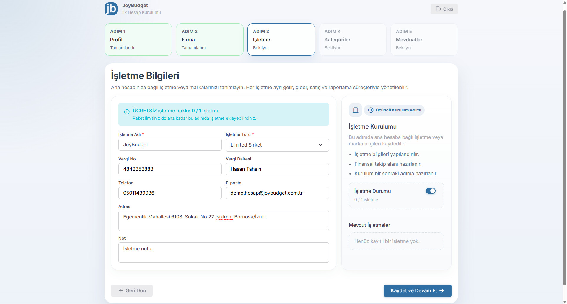 JoyBudget işletme bilgileri ekran önizlemesi