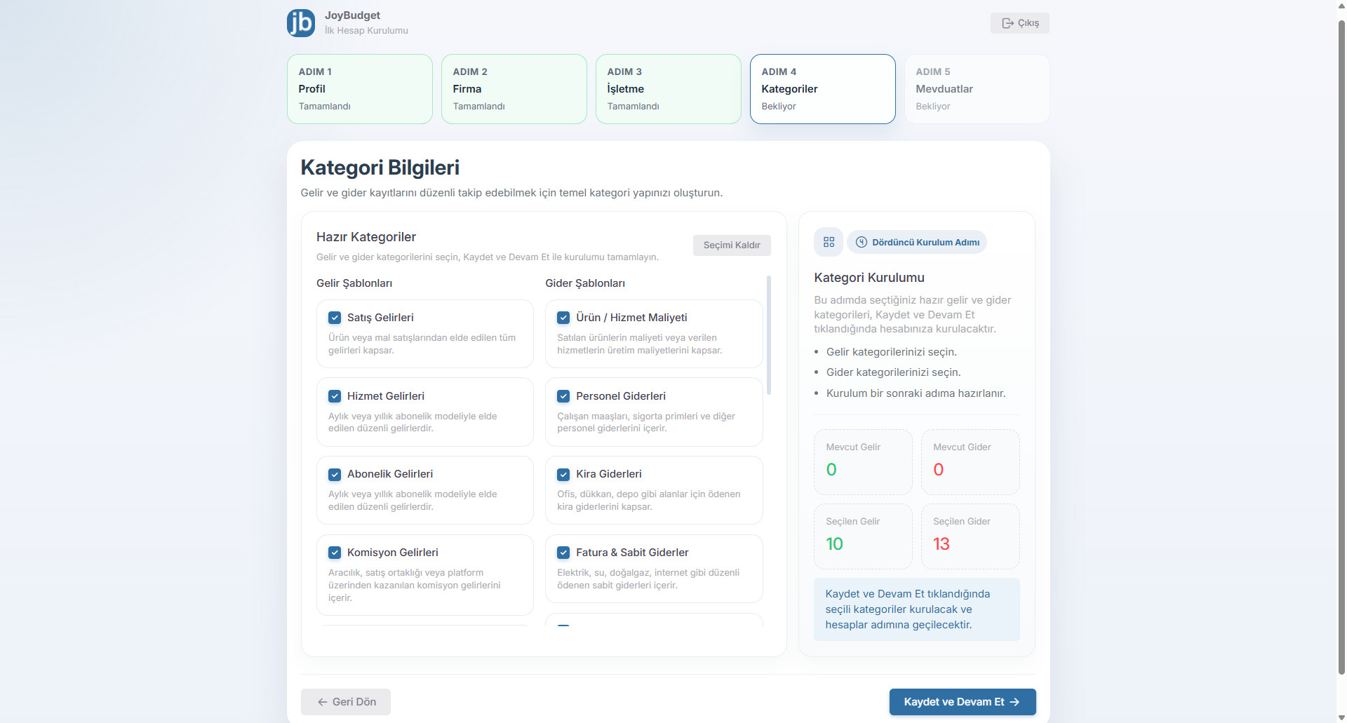 JoyBudget kategori bilgileri ekran önizlemesi