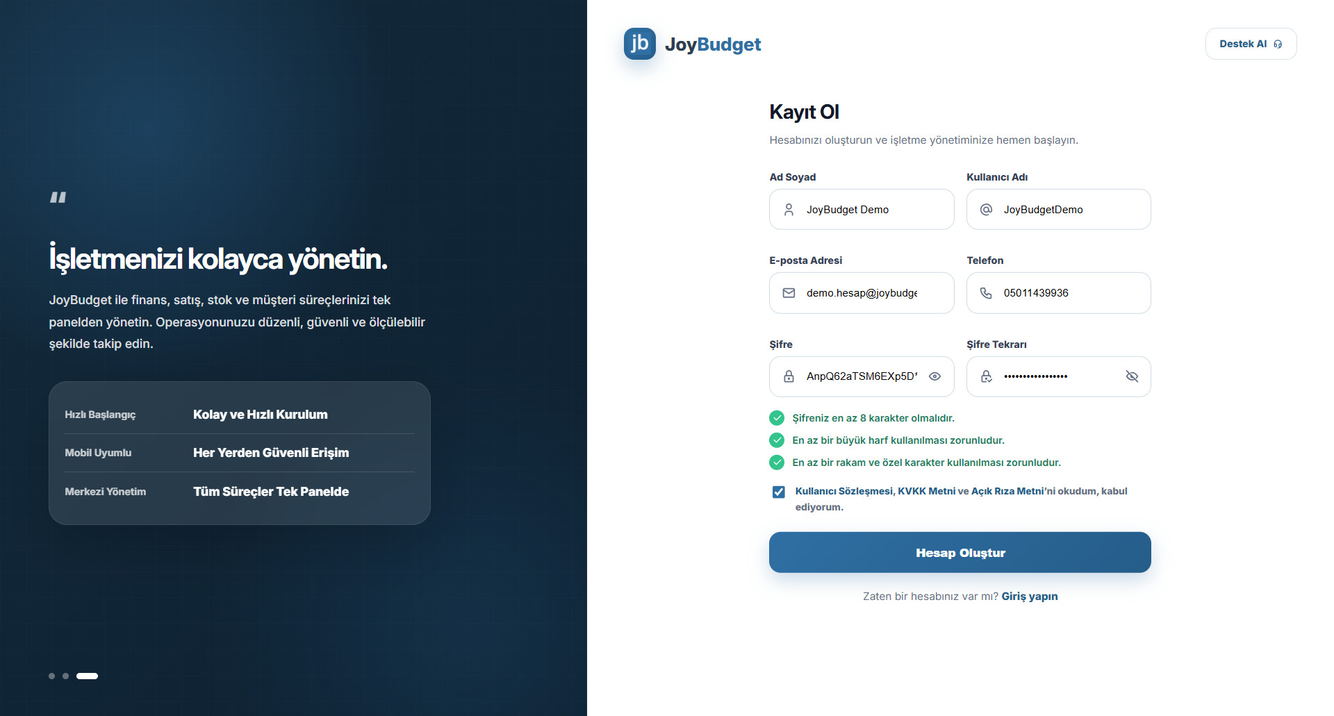 JoyBudget kayıt ol ekran önizlemesi